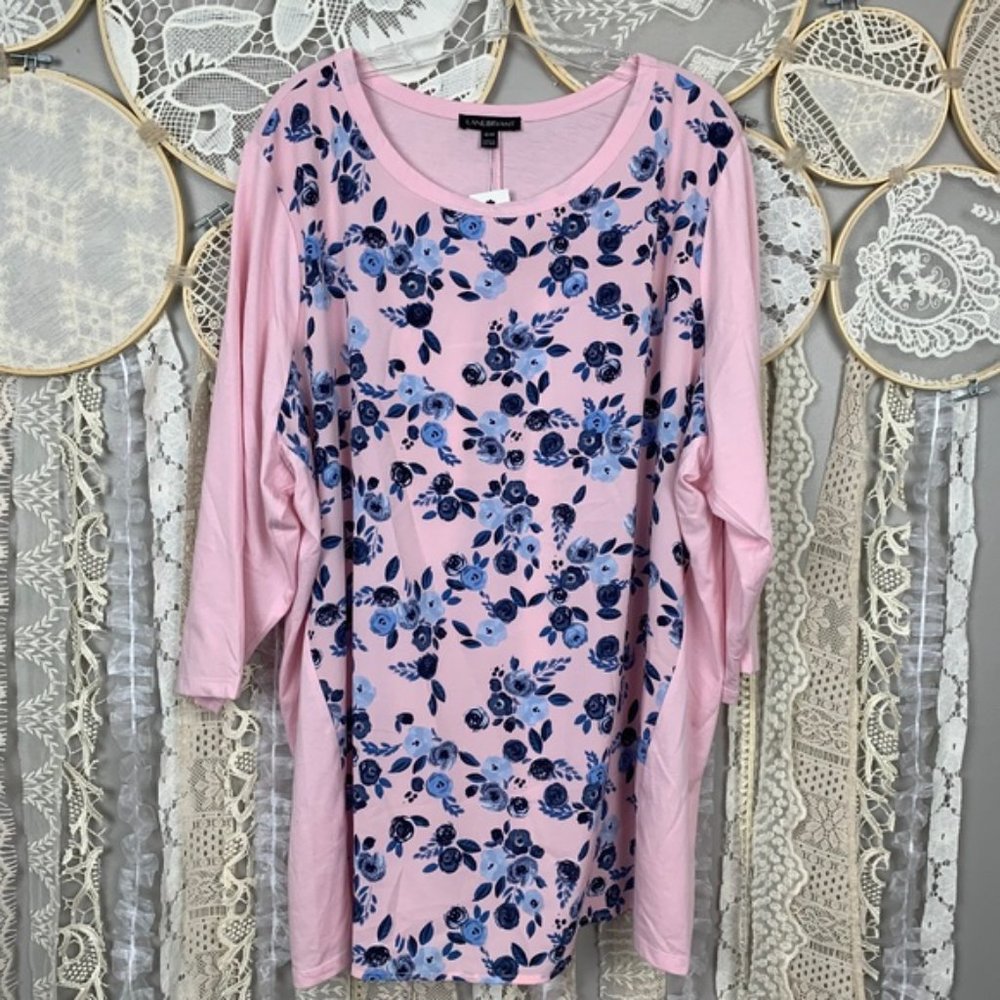 Lane Bryant Pink Blue Floral Mixed Fabric Top - Picture 4 of 8